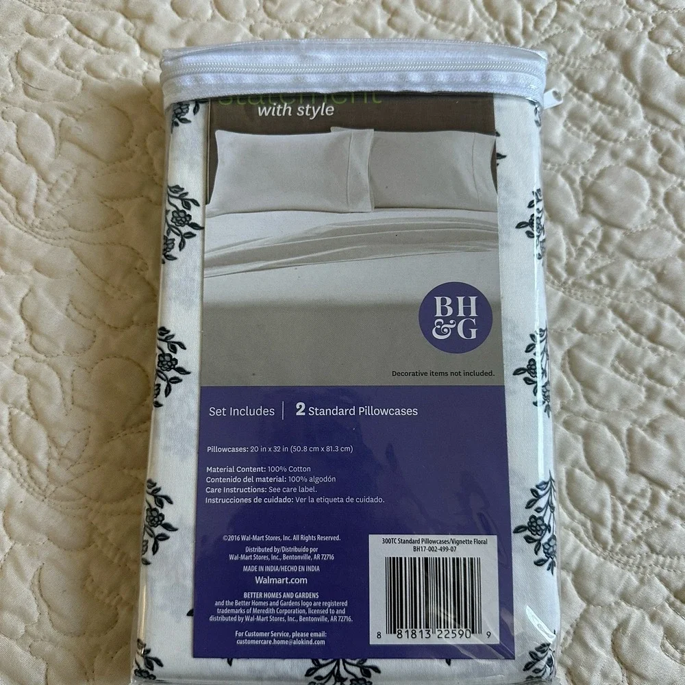 Better Homes Gardens Standard Pillowcases Floral White Black 300 TC‎ Set Of 2
